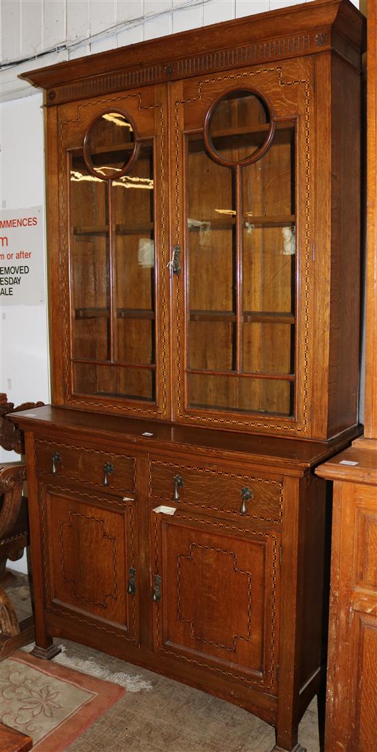 1920s inlaid oak bookcase cabinet